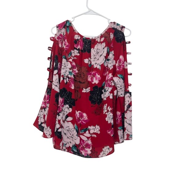 Jennifer Lopez Women SZ XL Red Floral Cold Shoulder Top Blouse V neck - Picture 9 of 14